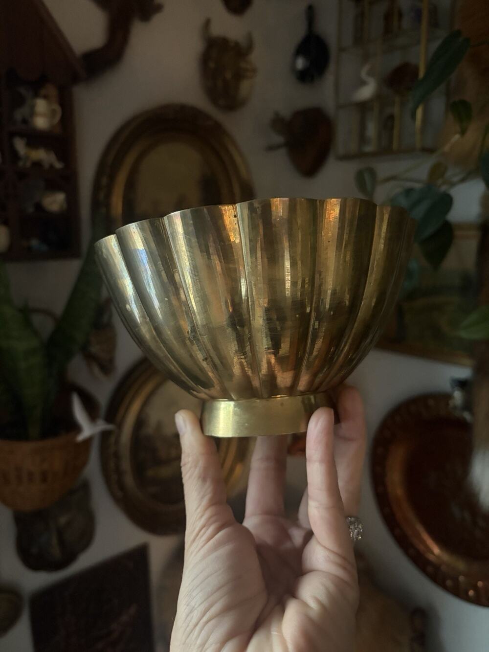 Vintage Midcentury Brass Bowl With Scalloped Edge Small Solid Brass Planter